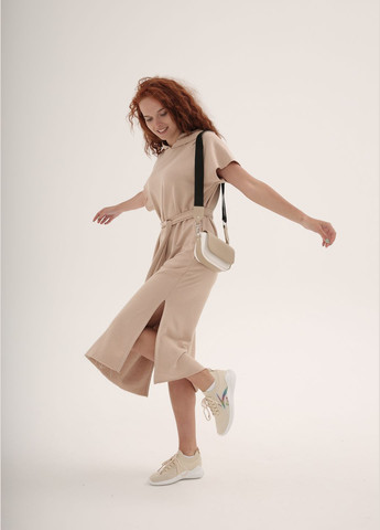 Бежевое спортивное, повседневный, кэжуал, джинсовое женское повседневное свободное хлопковое платье платье-футболка, платье-худи InFashion однотонное