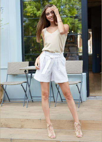Льняные шорты женские молочного цвета в мелкую бежевую полоску. ORA (289754237)