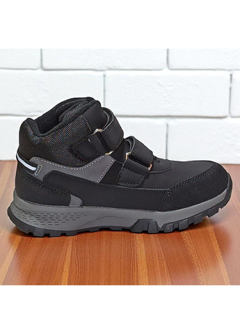 Черные спортивные, повседневные, кэжуал осенние утепленные демисезонные осенние ботинки ортопедические хайтопы на липучках для мальчика на флисе Biki