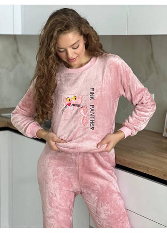 Розовая флисовая розовая пижама с котиком теплая женская. домашний комплект розового цвета плюшевый с принтом кота. No Brand