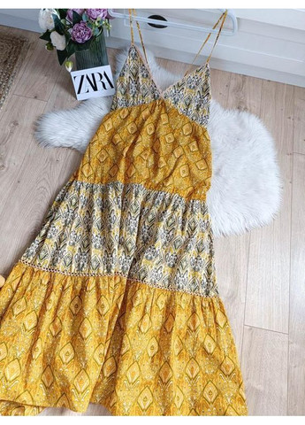 Желтое ярусное платье на бретелях Zara
