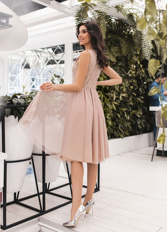 Бежева святковий сукня з мереживом кльош No Brand однотонна