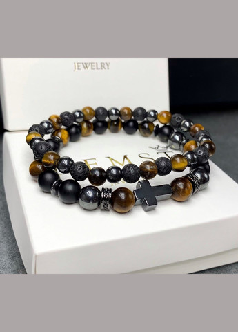 Комплект браслетів з хрестом з тигрового ока, шунгіта, гематиту та лави з дисками (12139) Hemst (334305626)