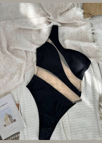 Черный летний женский купальник сплошной на одно плечо. слитный No Brand