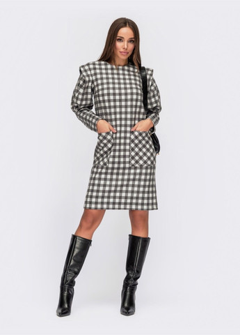 Серое кэжуал серое платье в клетку с объемными рукавами и накладными карманами Dressa в клетку