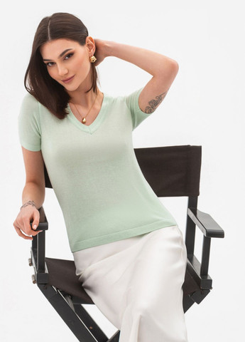 Фісташковий тонкий трикотажний джемпер з v-подібним вирізом SVTR