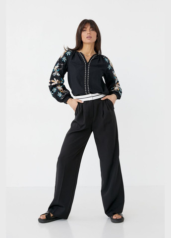 Чёрная женская блузка с вышивкой с длинными рукавами. ESQ узор цветочный свободная хлопок (322130456)