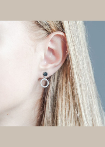 Срібні сережки пусети День-Ніч з чорною емаллю та білими фіанітами Каштан (342335500)