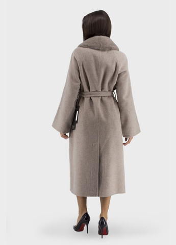 Бежеве демісезонне Довге жіноче вовняне пальто з кашеміром і норковим хутром, силует на запах, класичний стиль Bella Bicchi (світлосірий, ), 46764 No Brand
