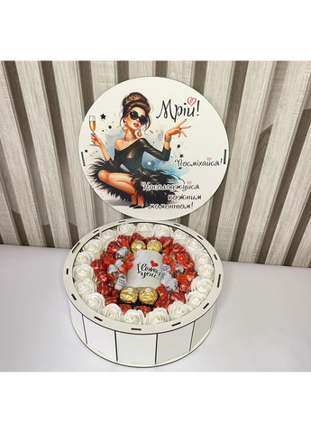 Подарунковий бокс в дерев'яній коробці у формі кола з мильними трояндами, чашкою та солодощями No Brand (354820434)