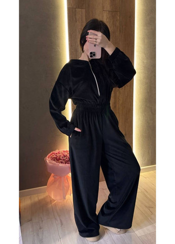 Жіночий велюровий комбінезон з капюшоном та акцентом на талії MonCher комбінезон-брюки чорний повсякденний велюр