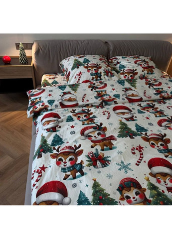 Постільна білизна полуторна біла новорічна Різдвяні олені Фланель Байка 954708 Ananasko (361079960)