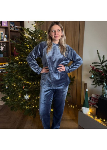 Темно-синяя всесезон пижама (кофта+штани) женская теплая велсофт р темно-синяя kpv1 Ananasko