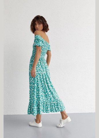 Смарагдова повсякденний жіноча довга сукня з еластичною талією та оборкою 4133 Lurex з квітковим принтом
