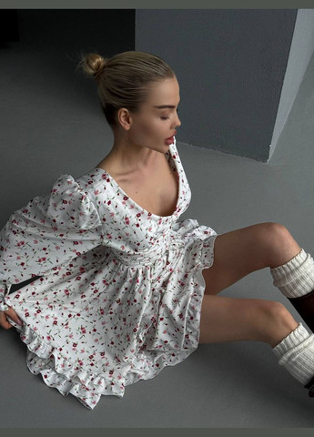 Білий повсякденний, кежуал, коктейльна, вечірня жіноча сукня з спідницею-сонце FINO Mode з квітковим принтом