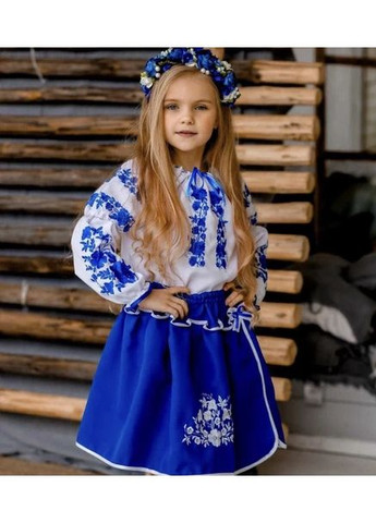 Белая костюм вышиванка для девочки цветочный бело-синий (362452636)
