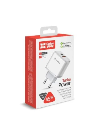 Сетевое зарядное устройство, White, 45 Вт, 1xTypeC (PD 3.0)/1xUSB (QC 3.0), Auto ID (CW-CHS042PD-WT) Colorway (315889840)