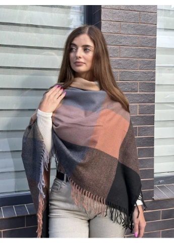 Хустка жіноча тепла в клітинку чорно-бежево-сіра велика Cashmere (377310556)
