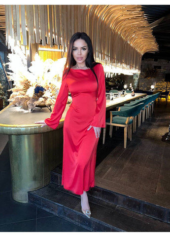 Красное вечернее шелковое платье макси красного цвета 36127 а-силуэт No Brand однотонное