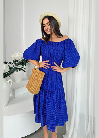 Синее праздничный, повседневный, кэжуал женское и воздушное платье с акцентом на плечи INNOE в горошек