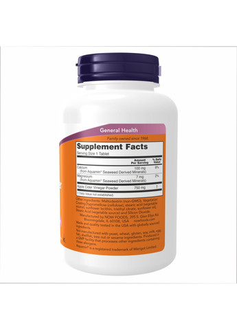 Яблучний оцет 750 мг NOW 180 таблеток для травлення детокс оцтова кислота Now Foods (368977465)