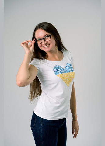 Белая женская футболка с вышивкой патриотическая узор украинская символика приталенная, прямой хлопок, трикотаж (311600090)