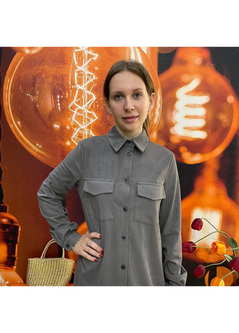 Серое кэжуал платье рубашка вельветовое длинный рукав пуговицы карманы 44 бежевое Azuri