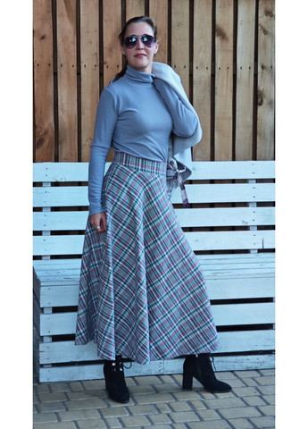 Серая повседневная, офисная, кэжуал в клетку теплая клетчатая юбка миди в серо-розовую клеточку Capricious а-силуэта (трапеция)