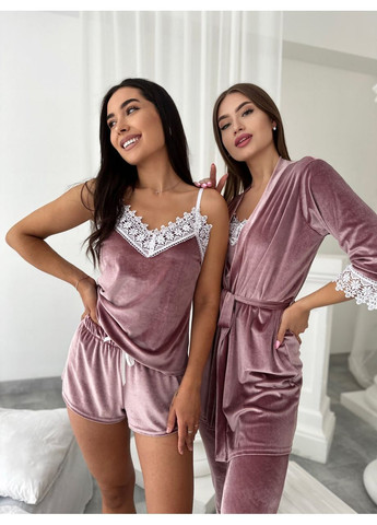 Пудровый демисезонный комплект 44-44 велюровая четверка: халат, майка, брюки и шорты. Україна