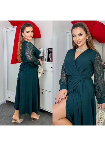 Темно-зелена сукня софт+гіпюр,міді на запах з поясом Україна