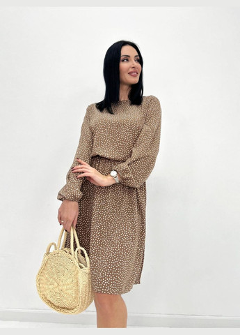 Кофейное женское платье в горошек с длинными рукавом Fashion Girl