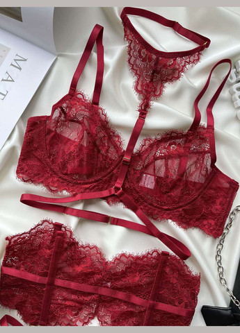 Бордовий комплект жіночої білизни з поясом і гартерами Simply sexy