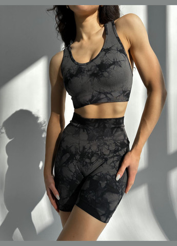 Спортивний жіночий костюм з ефектом Push Up (топ + шорти) Фітнес Йога Мармуровий Графіт з чорним Marble Двійка: топ + шорти подовжені з пуш-ап ефектом (316634780)