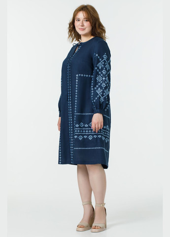 Синя жіноча вишита сукня з льону з довгим рукавом та геометричним орнаментом краля, plus size., р., код 0467/48/688 ГАЛЕРЕЯ ЛЬОНУ