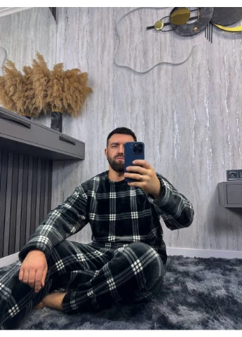 Пижама мужская теплая махровая в клетку. No Brand (376306847)