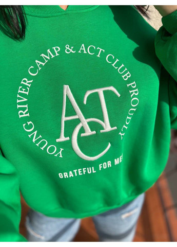 Зелений cвітшот жіночий 2479 широкий оверсайз утеплений вишивка малюнок попереду Olivia однотонний (303140153)