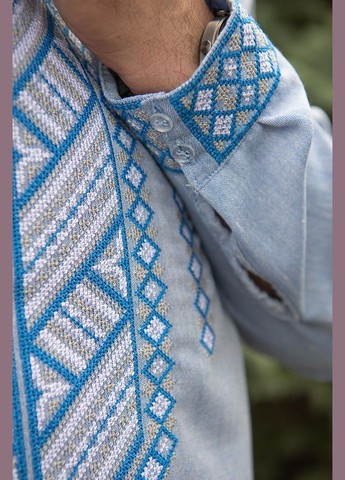 Блакитна чоловіча блакитна вишиванка із льону з геометричним орнаментом візерунок орнамент приталена, вільна, пряма льон (321967594)