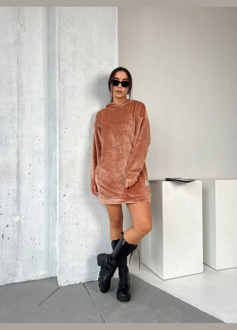 Кавова махрова сукня-туніка кавового кольору 29383 сукня-худі No Brand однотонна