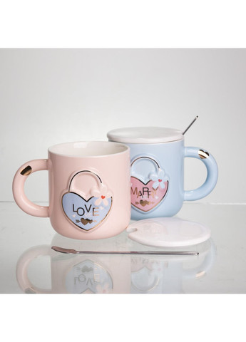 Набор парных фарфоровых чашек с сердцем 2 (шт) по 400 (мл) чашки на подарок с крышкой и ложкой Розовый с голубым FM-32 Yiwu (369626335)