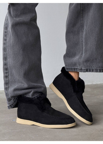 женские зимние лоферы из натуральной замши с мехом, черные, на низком ходу No Brand