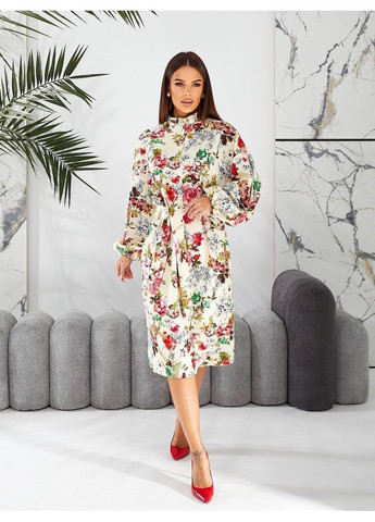 Бежева кежуал жіноча сукня-сорочка з поясом у квітковий принт Україна з квітковим принтом