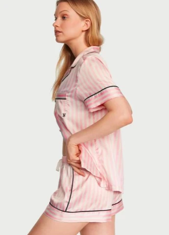 Рожева піжама сатинова рожева смужка шорти+сорочка satin short pajama set Victoria's Secret
