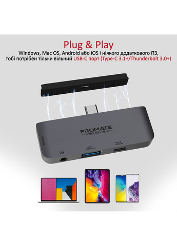 Концентратор USB Type-C PadHub-Pro 4 in 1 Grey Promate (370615951)
