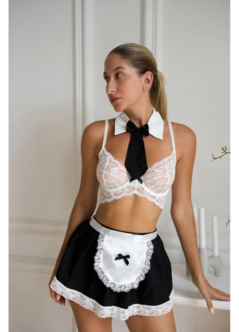 Эротический костюм горничной с белым фартуком и кружевом / Сексуальный костюм горничной с галстуком и короткой юбочкой No Brand (366571787)
