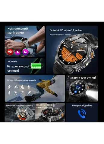 Мужские смарт-часы 1000 мАч с LED-фонариком, Android / iOS Smart Watch (374511620)
