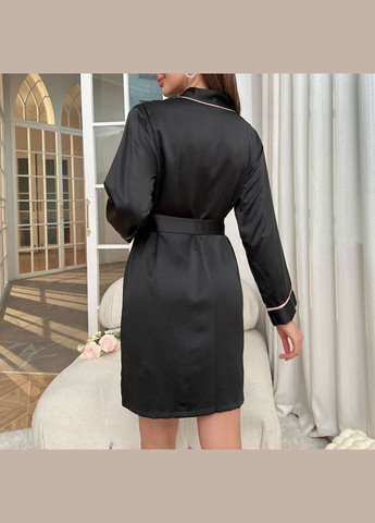 Халат до коліна жіночий домашній гладкий атласний з контрастним кантом колір чорний No Brand Халат домашній Діана (322074237)