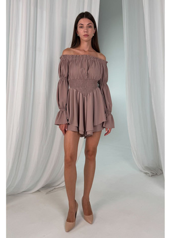 Комбінезон міні з довгим рукавом рукавом однотон CHICLY комбінезон-шорти однотонний світло-коричневий повсякденний, коктейльний, кежуал софт