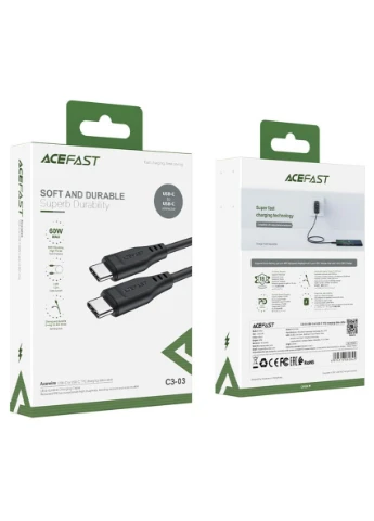 Кабель C303 Type-C to Type-C 3A, 60W, 1.2m, TPE, TPE connectors, Black Acefast (305057622)