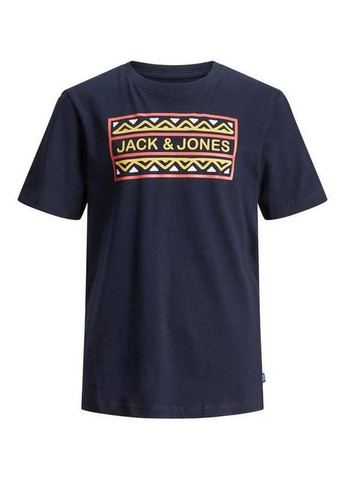 Темно-синяя демисезонная футболка для парня 12180260-2 темно-синяя с орнаментом (152 см) Jack & Jones