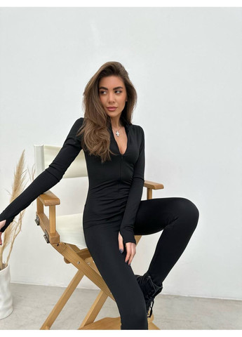 Жіночий приталений комбінезон на флісі MonCher комбінезон-брюки чорний повсякденний